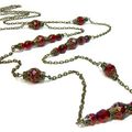 Sautoir baroque, collier fantaisie rétro vintage, perles rouges et chaine laiton