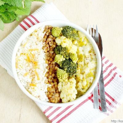 Anti-gaspillage: le fourzitout bowl riz, lentilles, chou, chou romanesco, brocoli et poireaux {on recycle les restes #1}