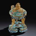 A superb cloisonné enamel tripod censer, cover and stand, Qianlong period (1736-1795)