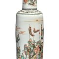 A large and important famille-verte 'Investiture of the gods' rouleau vase, Qing dynasty, Kangxi period (1662-1722)