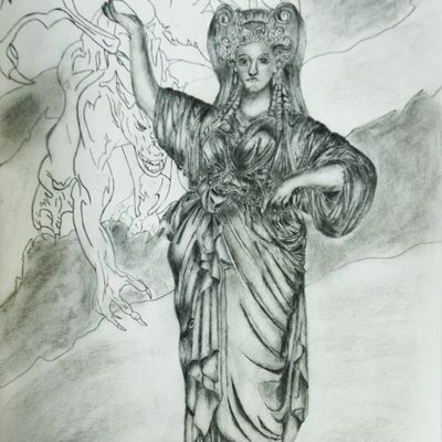 Cariatide et dragon ( crayon 50 x 60)