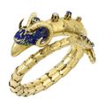 Gold, Blue Enamel, Sapphire and Diamond Ram's Head Bangle Bracelet