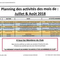 Planning des activités de Juillet Août 2018 
