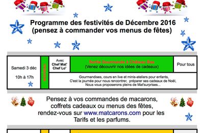 Planning du mois de décembre 2016 et menus traiteurs 