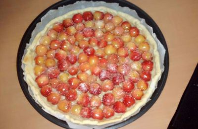 Tarte aux cerises blanche sur un nuage de crème pâtissière.