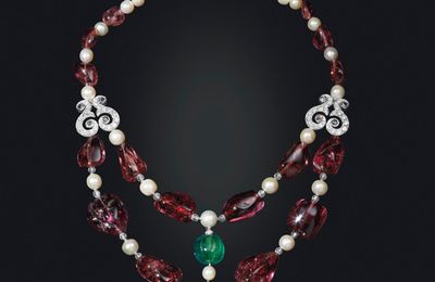 A Spinel, Natural Pearl, Diamond and Emerald Bead 'Imperial Moghul Necklace' and Earrings, Cartier