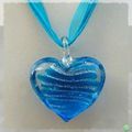 Pendentif Coeur Doha Bleu Turquoise et Argent en Verre Soufflé Style Murano