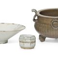 A Qingbai conical bowl and a small box and cover and a celadon-glazed censer, Southern Song-Qing dynasty (1127-1911)