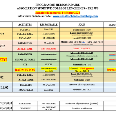 PROGRAMME HEBDO semaine du 14 février 2024