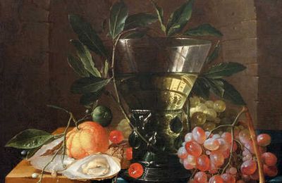 Cornelis de Heem, Still life with römer, grapes, cherries, oranges and oysters on a table top before a niche