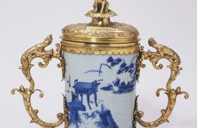 Blue-and-white Brush Pot with Antiques, Transformed into a Covered Cup, Chongzhen Reign, English Mounts