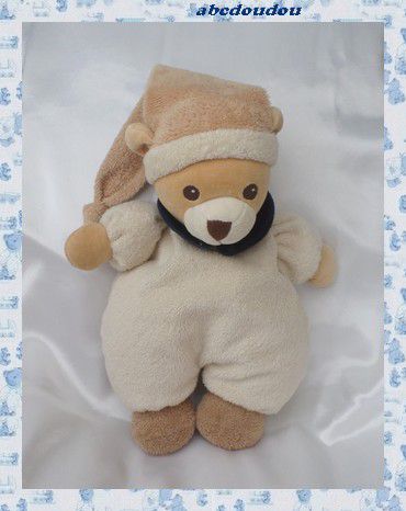 Doudou Peluche Ours Ecru Nounours Bonnet Marron Col Bleu Marine