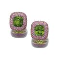 Pair of cushion-shaped peridot, tsavorite and pink sapphire ear clips, Michele della Valle