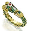 Green enamel, ruby, emerald and diamond ram's-head bangle-bracelet, David Webb