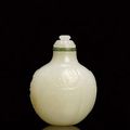 A rare white jade 'peach' snuff bottle. Beijing Palace Workshops, Qianlong