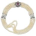 Natural pearl, ruby and diamond choker, early 20th century and later