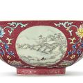 A ruby-ground famille rose sgraffiato 'Medallion' bowl, Daoguang seal mark and period (1821-1850)
