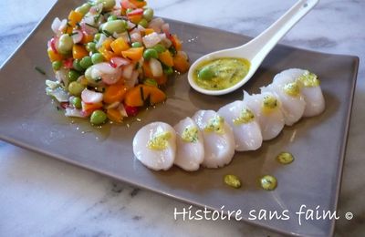 Tartare de légumes croquants et carpaccio de St-Jacques au pesto de légumes