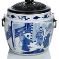 A blue and white porcelain cachepot with a figural scene, China, Kangxi period (1662-1722)
