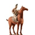 A Painted Pottery Figure Of A Horse And Rider With Hound, Tang Dynasty (608-907)