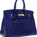 Hermes Special Order Horseshoe 35cm Shiny Blue Electric & Indigo Porosus Crocodile Birkin Bag with Gold Hardware
