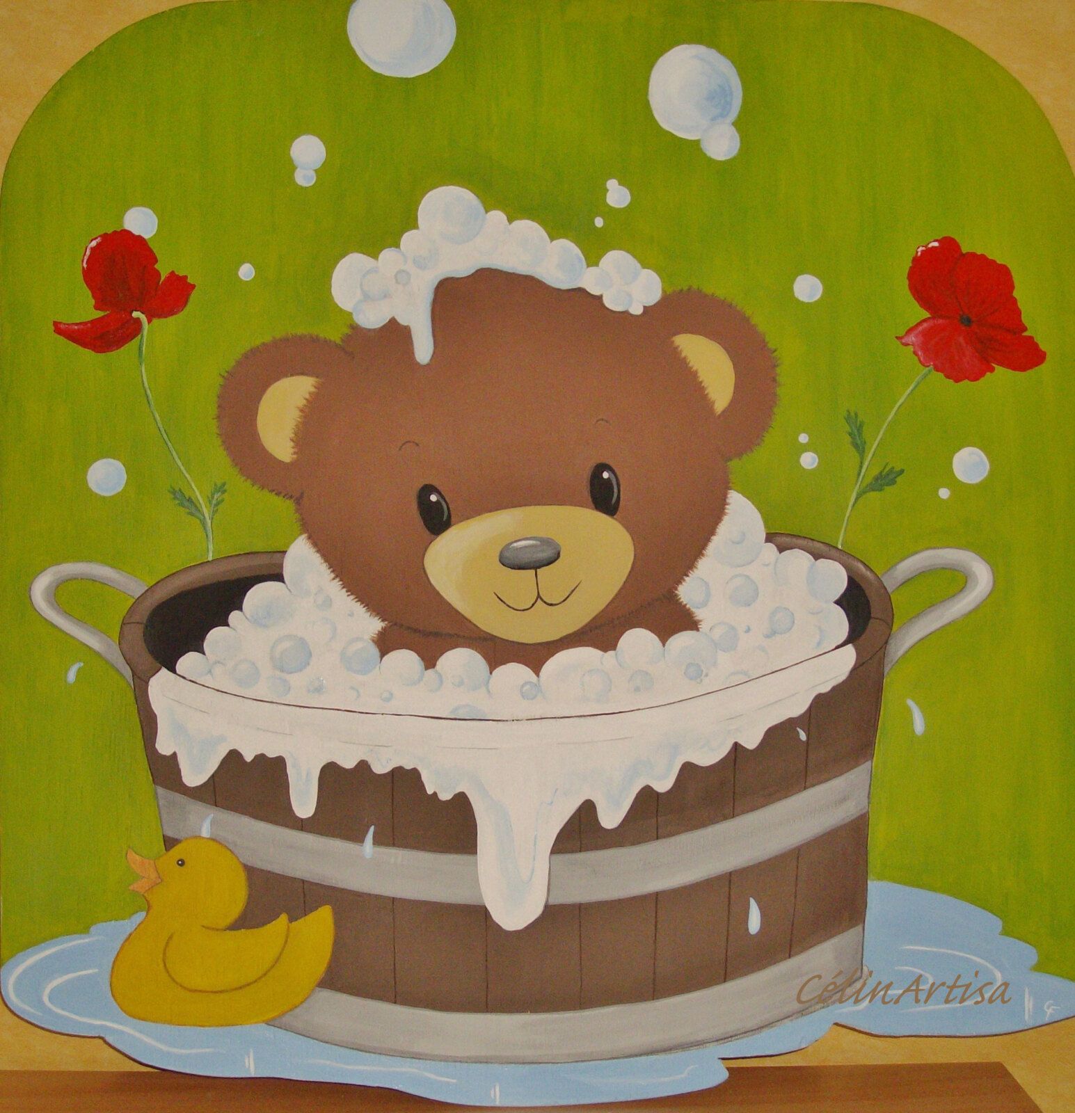 Panneau déco bois - acrylique - ours en peluche dans son bain