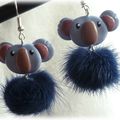 Boucles d'oreilles avec boules de peluche, "koala" et "chat"