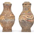 A pair of painted pottery square vases and covers, hu, Han dynasty (206 BC-220 AD)