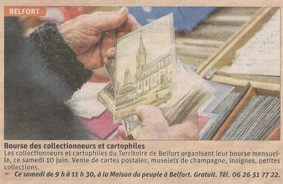 Bourse mensuelle des Collectionneurs & Cartophiles du Territoire de Belfort 2023, le journal L’Est Républicain annonce ce rendez-vous du 10 juin 2023
