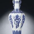A SUPERB IMPERIAL BLUE AND WHITE HEXAGONAL 'DRAGON' VASE - QIANLONG SIX-CHARACTER SEALMARK AND OF THE PERIOD (1736-1795)