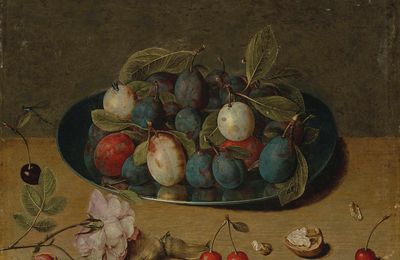 Isaak Soreau (Hanau 1604-1645/55 Francfort), Nature morte de prunes dans une coupe, cerises, noix et noisettes