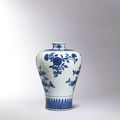A superbly painted blue and white ‘flower and fruit spray’ meiping, Qianlong six-character seal mark and of the period (1736-179