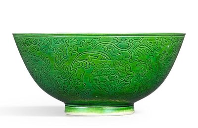 A rare copper-green glazed incised 'floral' bowl, Mark and period of Yongzheng (1723-1735)