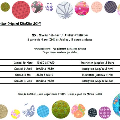 Atelier Origami Niveau Débutant / Atelier d'Initiation (N5) -Samedi 6 Avril , Samedi 11 Mai et Samedi 15 Juin 2019