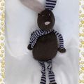 Doudou Peluche Lapin Marron Jambes Echarpe Rayures Bleu Gris Bout'Chou