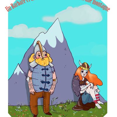 un barbare et une viking parlent devant une montagne