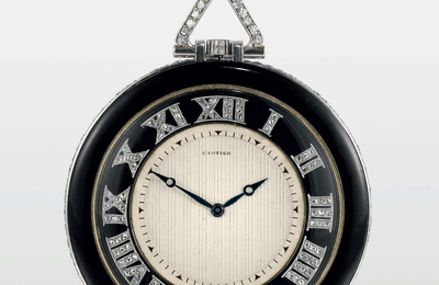 An Art Deco platinum, diamond and enamel pocket watch, by Cartier
