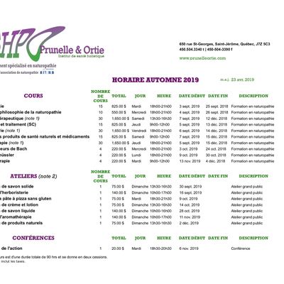Horaire des cours pour l'automne 2019