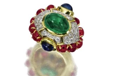 Emerald, ruby, sapphire and diamond dome ring, David Webb