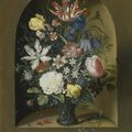 Jacob Marrel, Still life of flowers in a niche with cherries, insects and a caterpillar