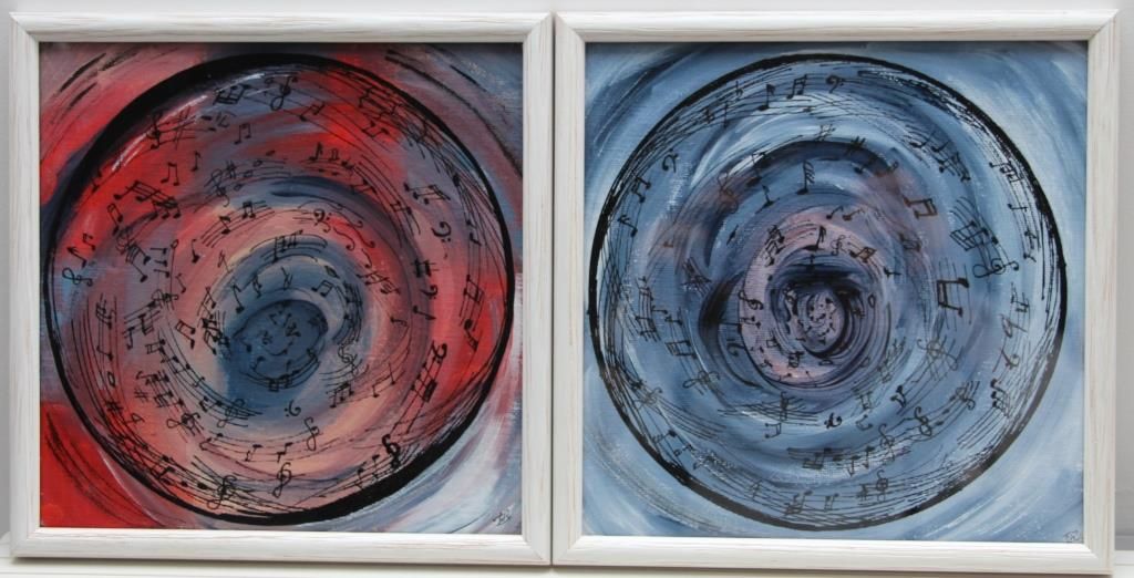 Bulles musicales- acryl 2020- sous verre- 2 fois 20 X 20 cm (n°166)-