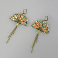 Boucles d'oreille PAON origami en papier japonais Washi Chiyogami vert et orange 