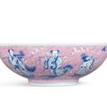 A fine puce-enamelled blue and white 'Eight Immortals' bowl, seal mark and period of Daoguang (1821-1850)