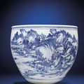 A finely painted massive blue and white 'Landscape' Fish basin, Kangxi period (1662-1722) 