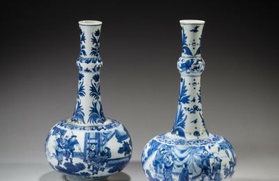Two blue and white 'figural' bottle vases, Transitional period, 17th century 