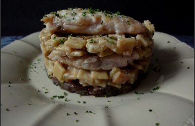 Millefeuille de Perche sur risotto de crozet et lit de champignons