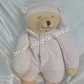 Doudou Peluche Ours Beige Rayures Blanc Rose Babiage