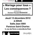 Mariage pour tous : quelles conséquences ? Conférence du Dr Morinière