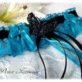 Jarretière papillon noir turquoise en dentelle mariée mariage