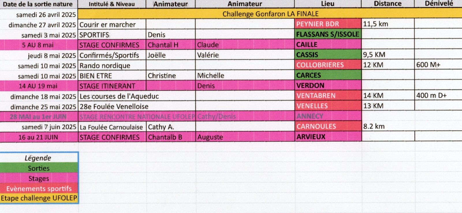 Plannings sorties et évènements avril à juin 2025